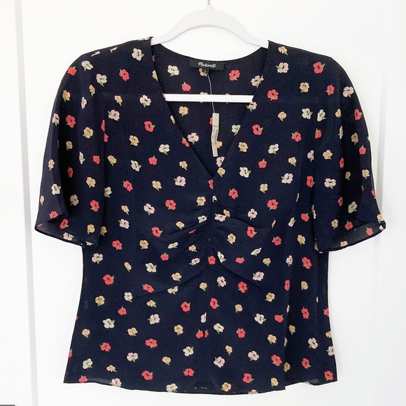 NWT Madewell Navy Blue Silk Shirred-Front Top in Confetti Floral - 4 - Picture 1 of 5